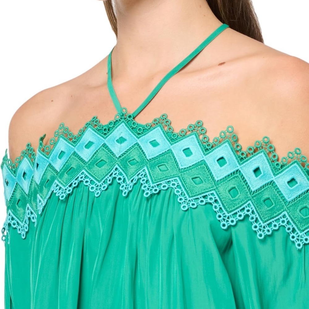 Ramy Brook Teal Off-Shoulder Halter Top with Lace Trim